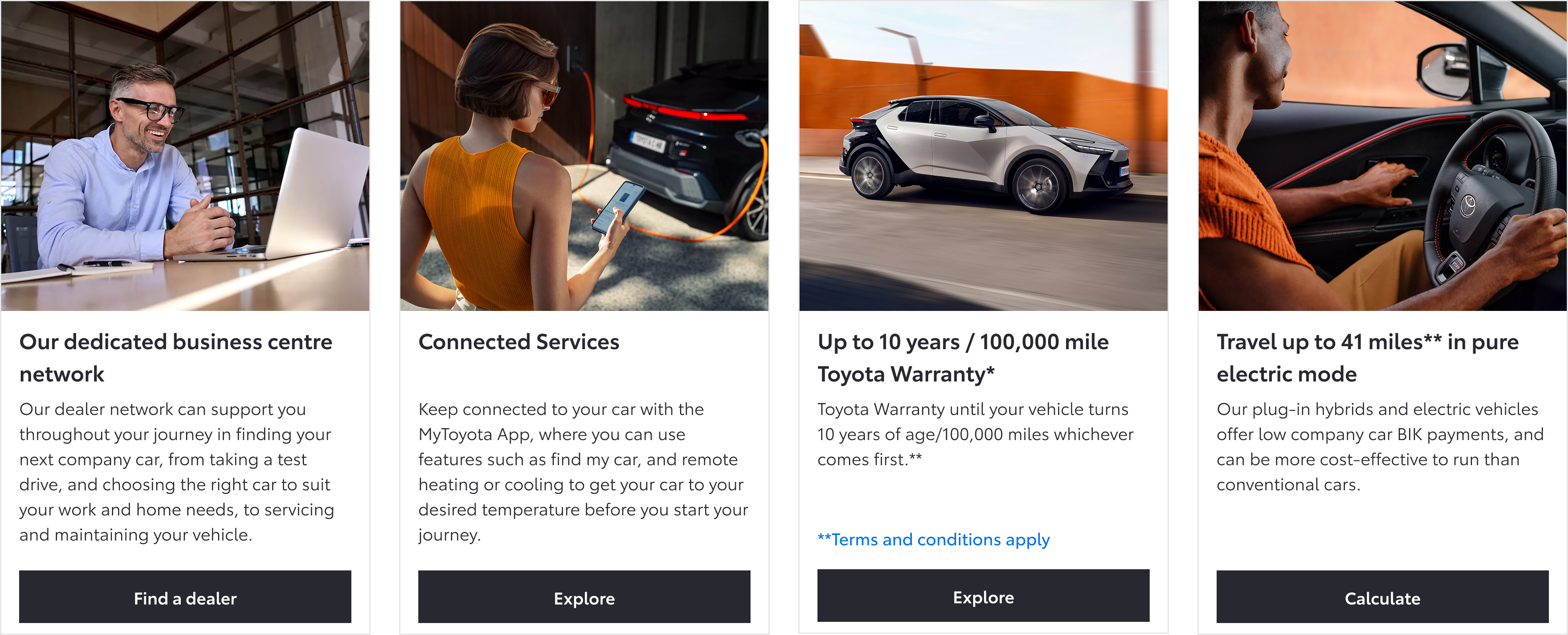 Value-led messaging for business buyers: four image cards with dealer network, connected services, warranty, and electric range